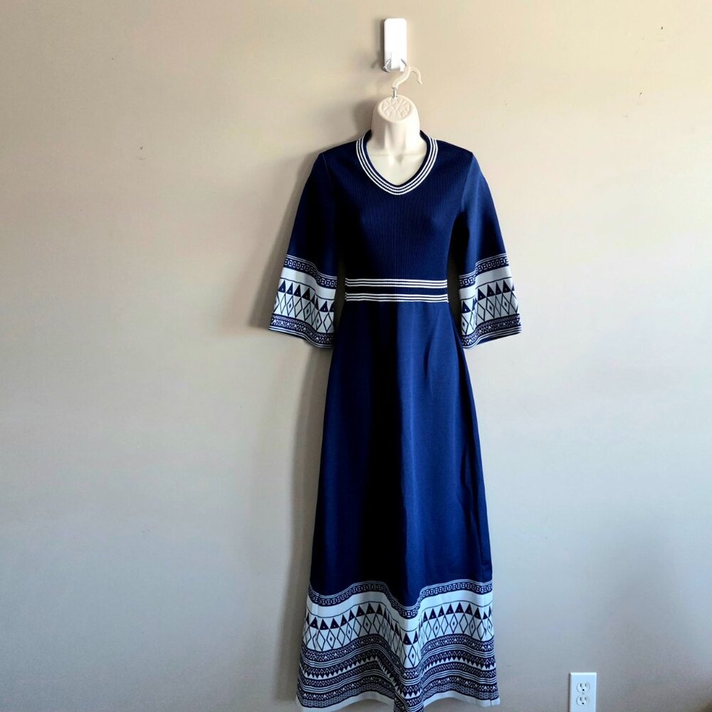 Vintage 1970s Union Made Blue Geometric Boho Maxi Dress Bell Sleeve Empire Waist